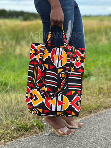 Shopper Tasche mit Afrikanischem Print - Rot / Schwarz Bogolan - Wiederverwendbare Einkaufstasche aus Baumwolle