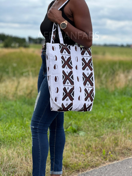 Shopper Tasche mit Afrikanischem Print - Weiß / Braun Bogolan - Wiederverwendbare Einkaufstasche aus Baumwolle