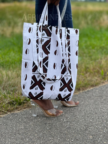 Shopper Tasche mit Afrikanischem Print - Weiß / Braun Bogolan - Wiederverwendbare Einkaufstasche aus Baumwolle