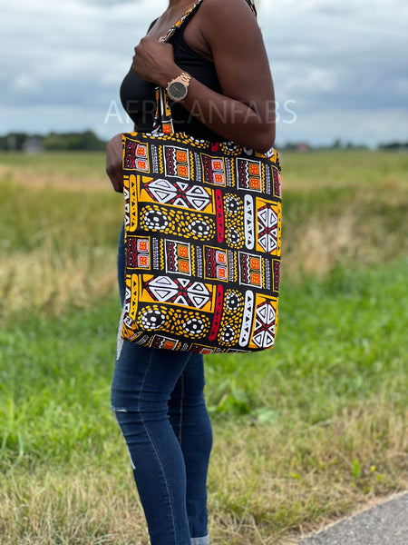Shopper Tasche mit Afrikanischem Print - Gelb / Rot Bogolan - Wiederverwendbare Einkaufstasche aus Baumwolle