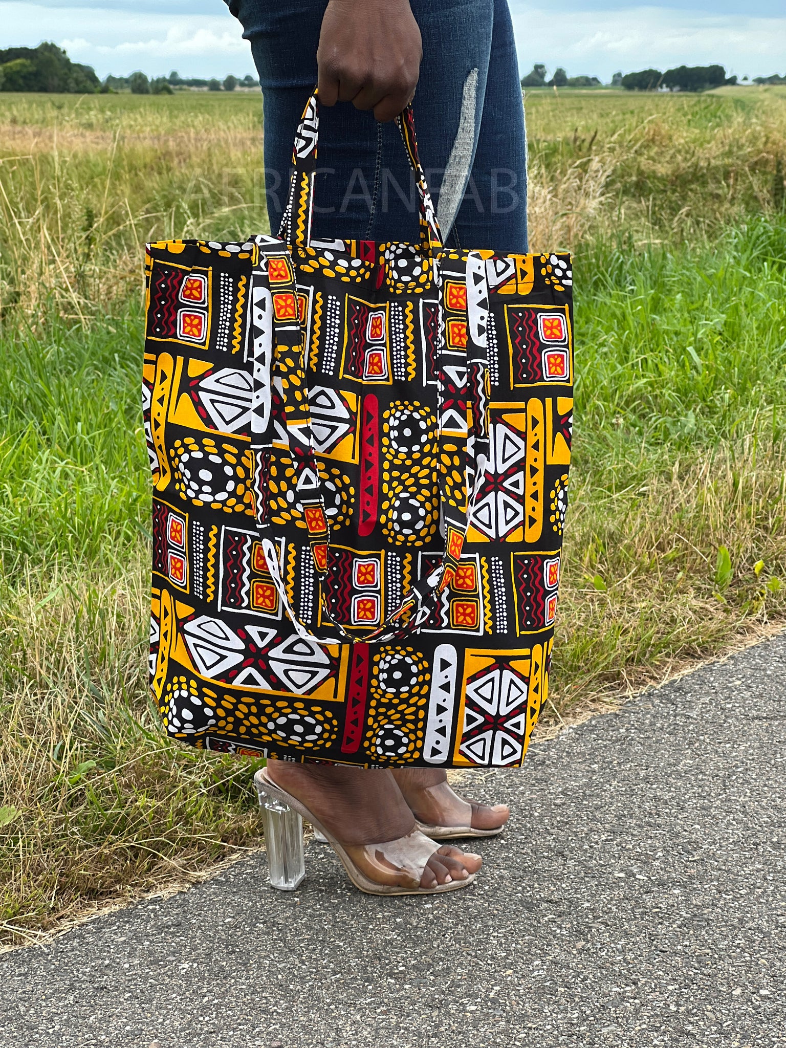 Shopper Tasche mit Afrikanischem Print - Gelb / Rot Bogolan - Wiederverwendbare Einkaufstasche aus Baumwolle