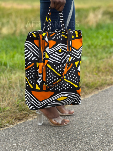 Shopper Tasche mit Afrikanischem Print - Orange / Gelb Bogolan - Wiederverwendbare Einkaufstasche aus Baumwolle