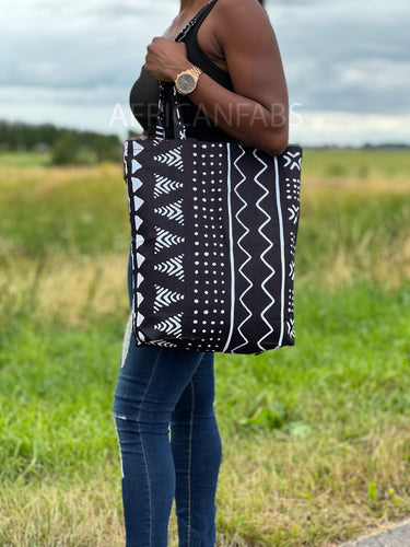 Shopper Tasche mit Afrikanischem Print - Schwarz / Weiß Bogolan - Wiederverwendbare Einkaufstasche aus Baumwolle