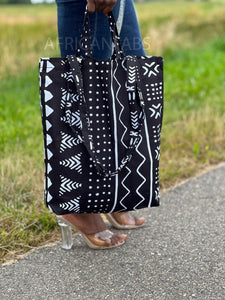Shopper Tasche mit Afrikanischem Print - Schwarz / Weiß Bogolan - Wiederverwendbare Einkaufstasche aus Baumwolle