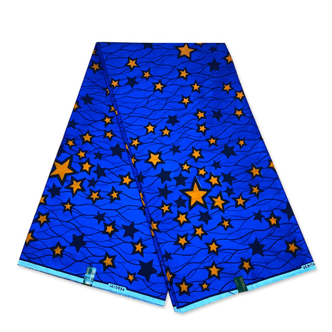 VLISCO Stoff Hollandais Afrikanischer Wax print - Blau / Orange Stars