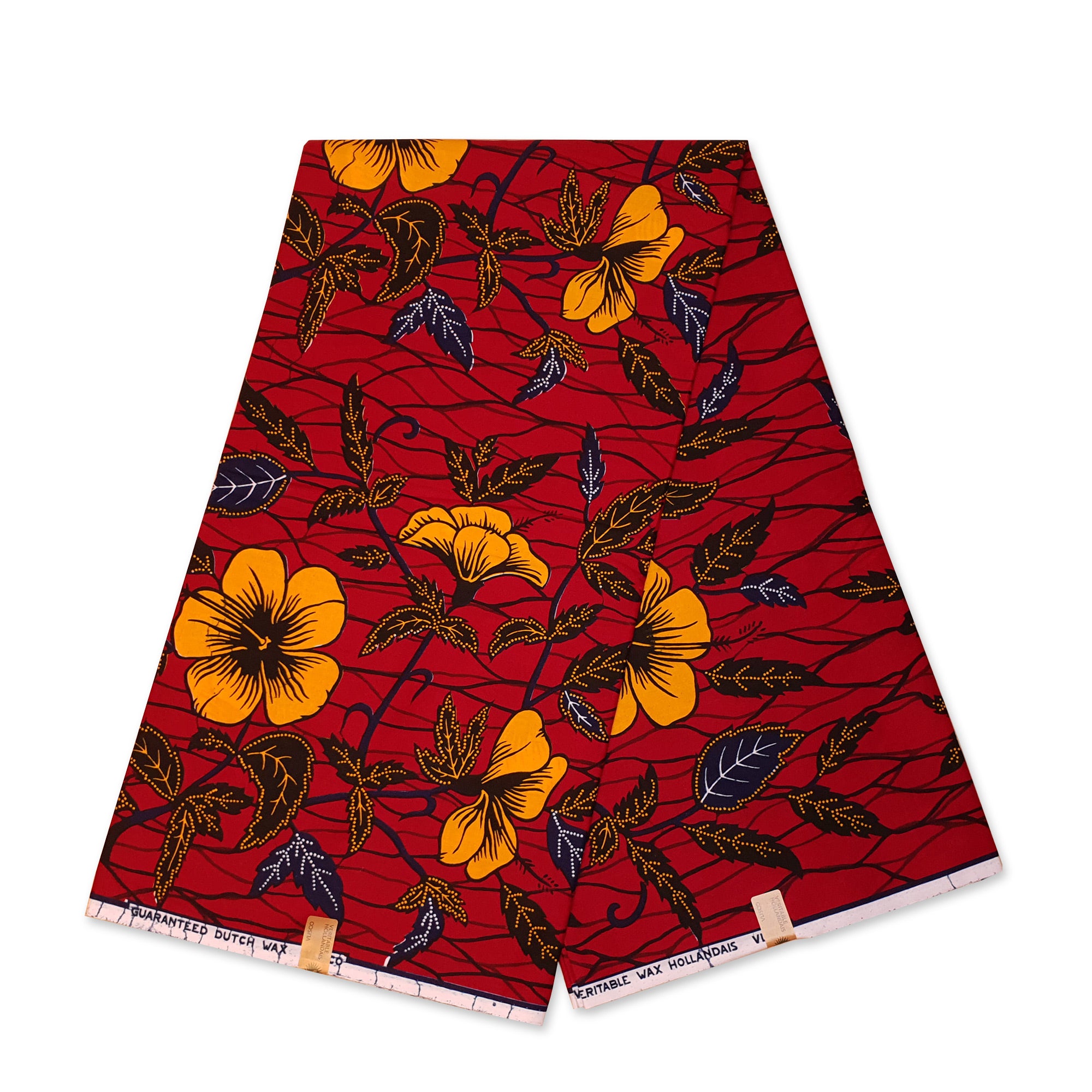 VLISCO Stoff Hollandais Afrikanischer Wax print - Donker Rot / Gelbe hibiscus flowers