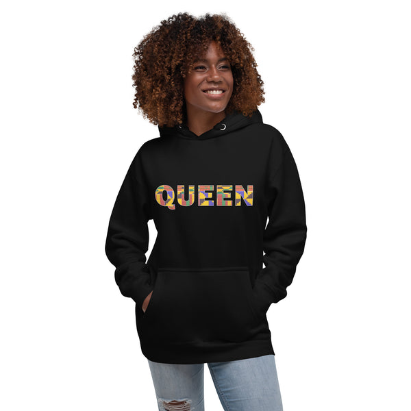 Hoodie - Unisex - QUEEN im Kente-Print D009 (Hoodie Schwarz oder Weiß)