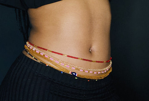 3 in 1 Waist Beads / Afrikanische Taillenkette - IYORE- Blau / Gold (elastisch)